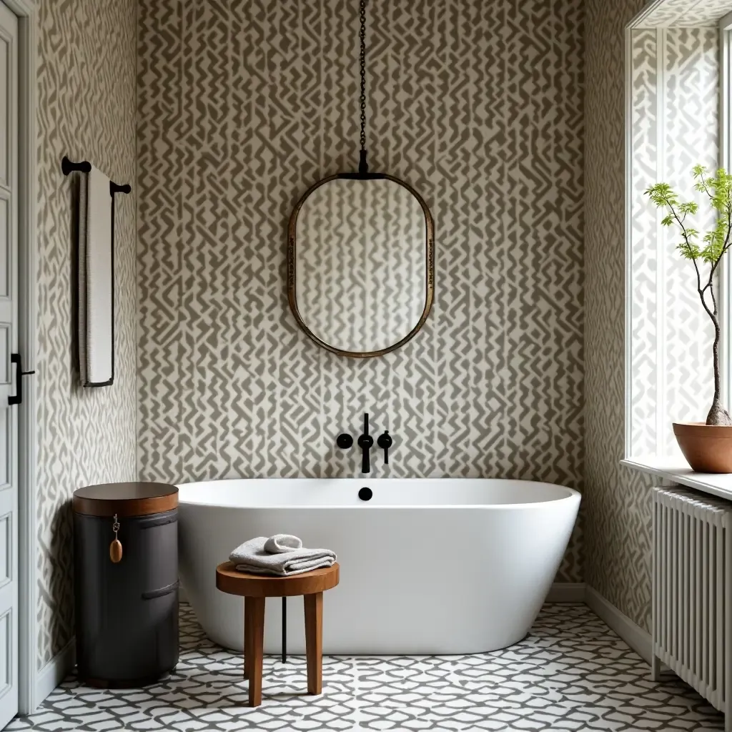 a photo of a stylish wallpaper with a bold pattern in a bathroom