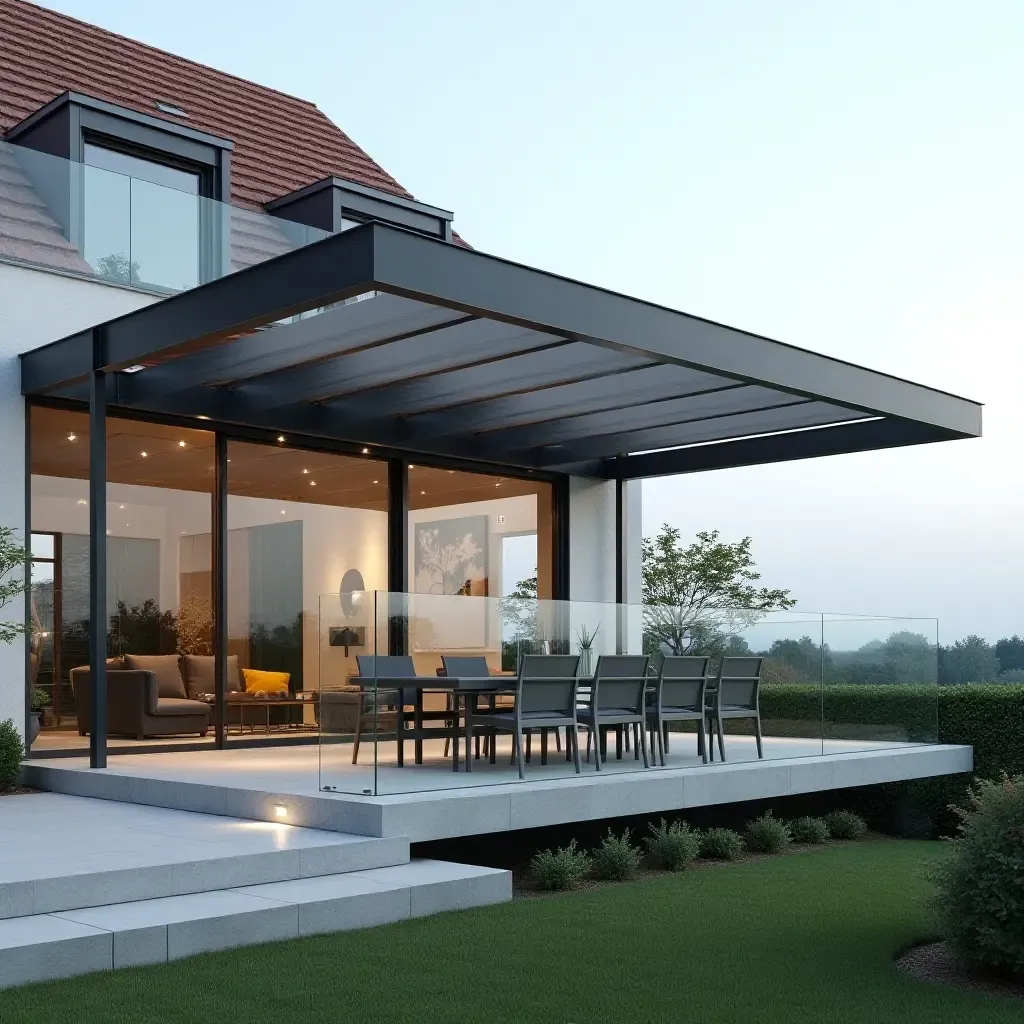 a photo of a glass balcony featuring a modern pergola for elegant shade