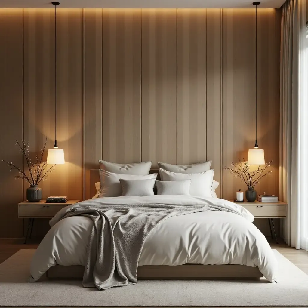 a photo of a stylish bedroom with pendant lights made of natural materials