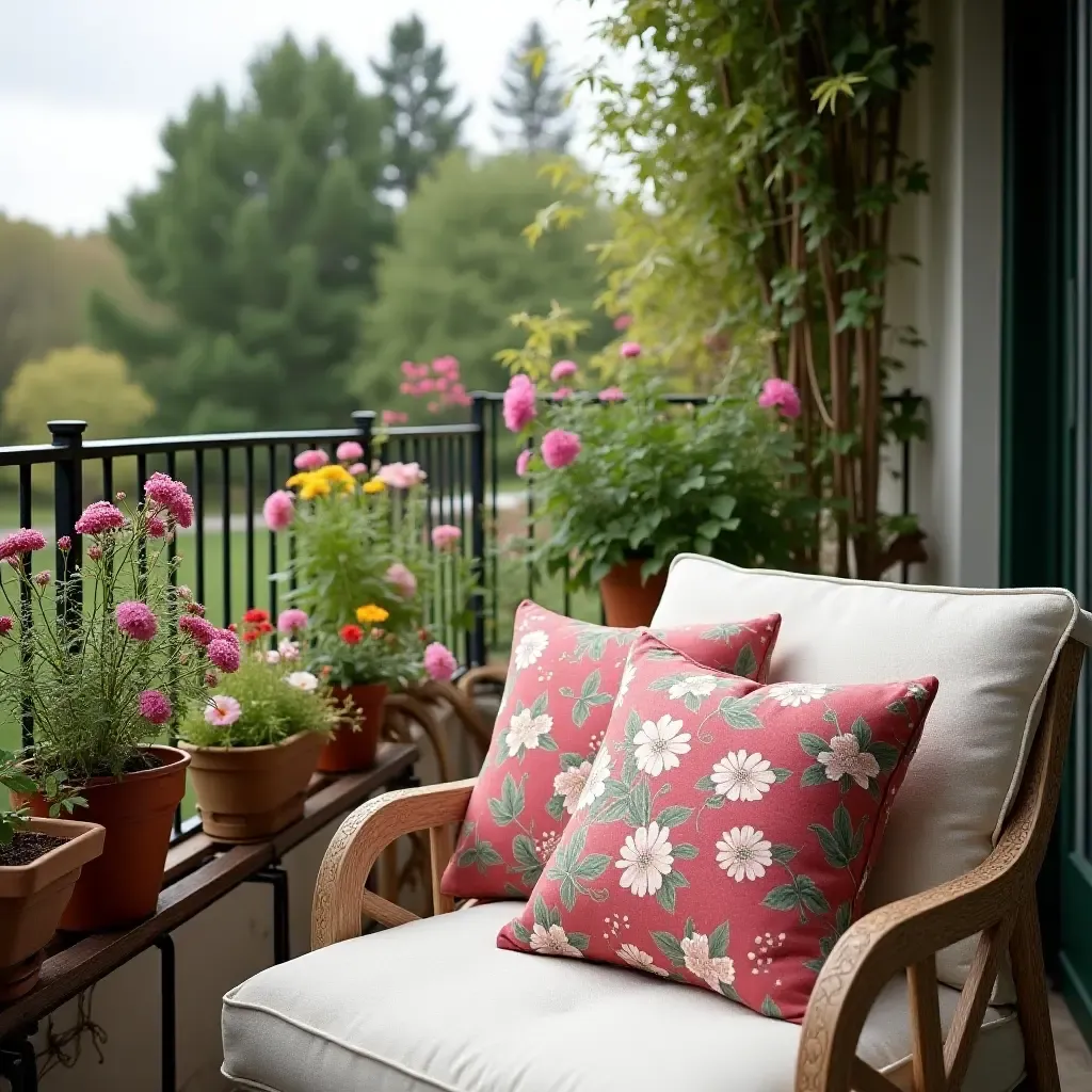 a photo of a balcony garden with floral throw pillows