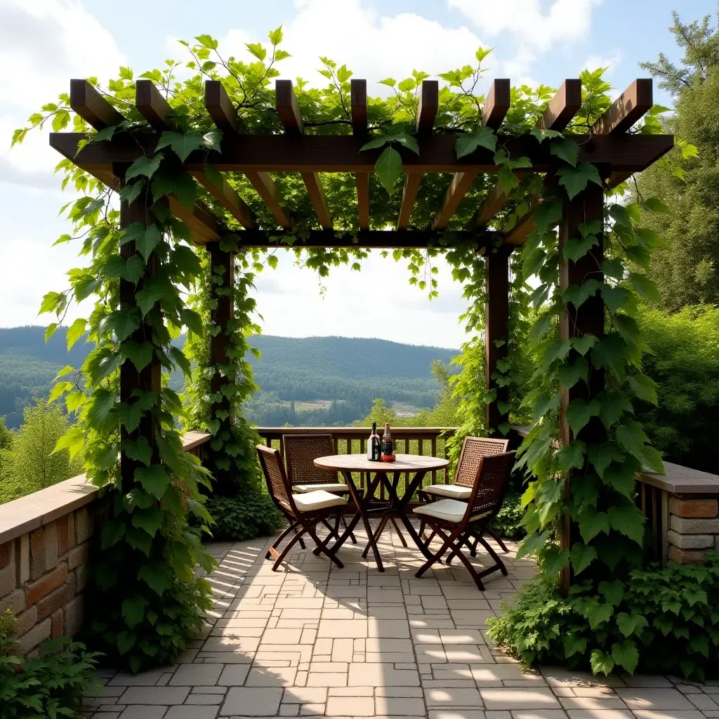 a photo of a wooden pergola draped with vines on a balcony