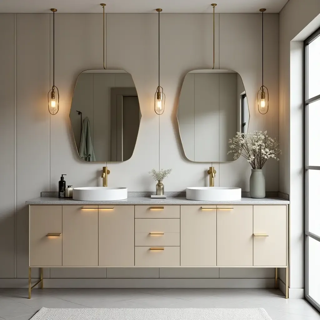 a photo of a bathroom with metallic accents in the cabinetry design