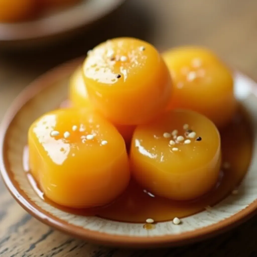 a photo of glossy Korean honey rice cakes with sesame seeds on a ceramic plate.