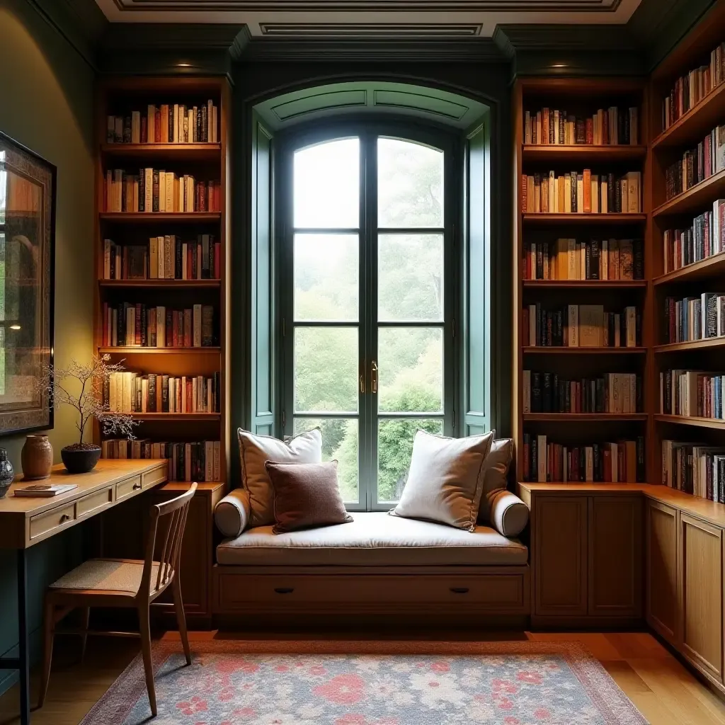 a photo of a cozy library with a window seat and curated book collection