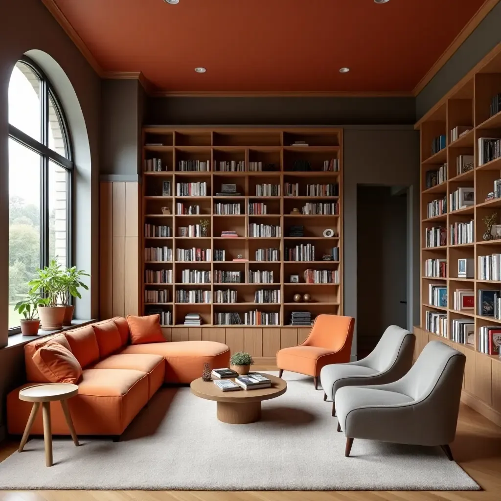 a photo of a stylish library with a pop of color against neutral tones