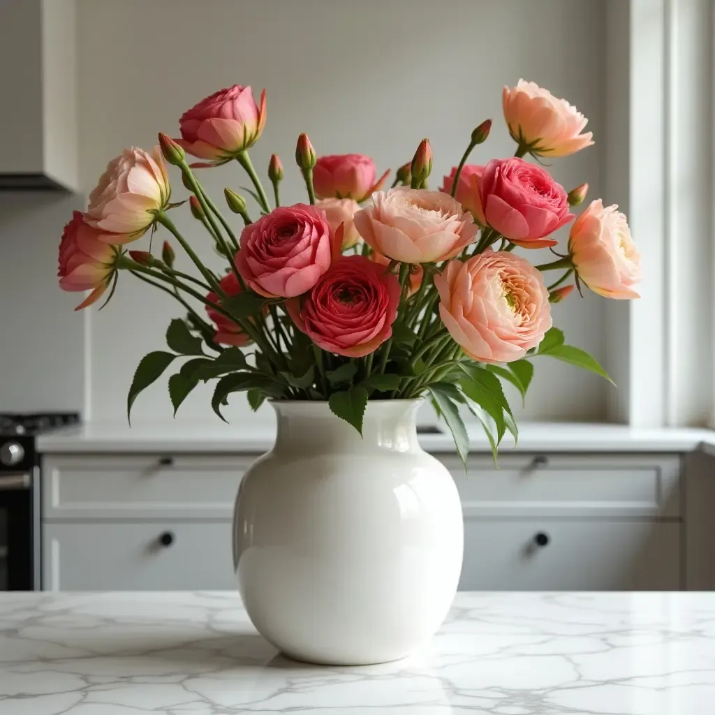 a photo of a countertop featuring a bold statement vase with fresh flowers