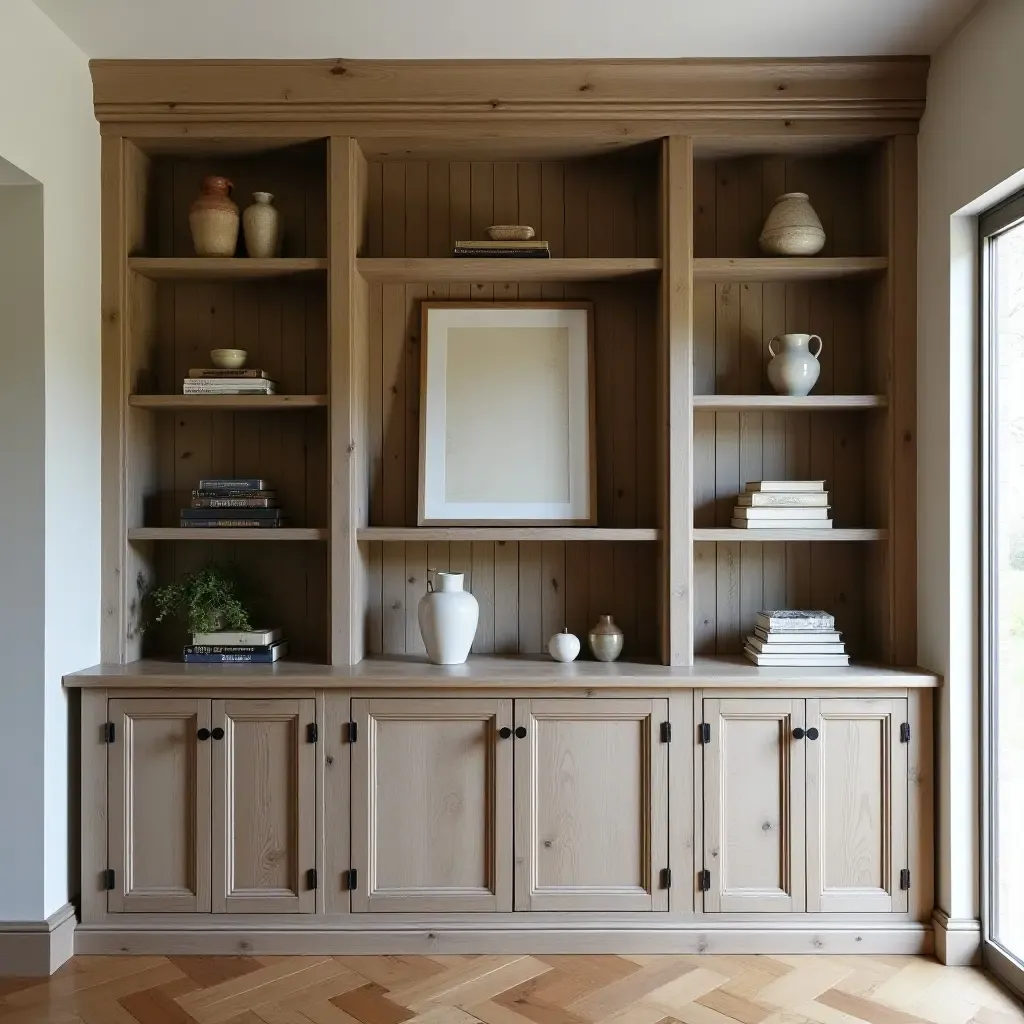 a photo of a rustic built-in bookcase with reclaimed wood and vintage decor