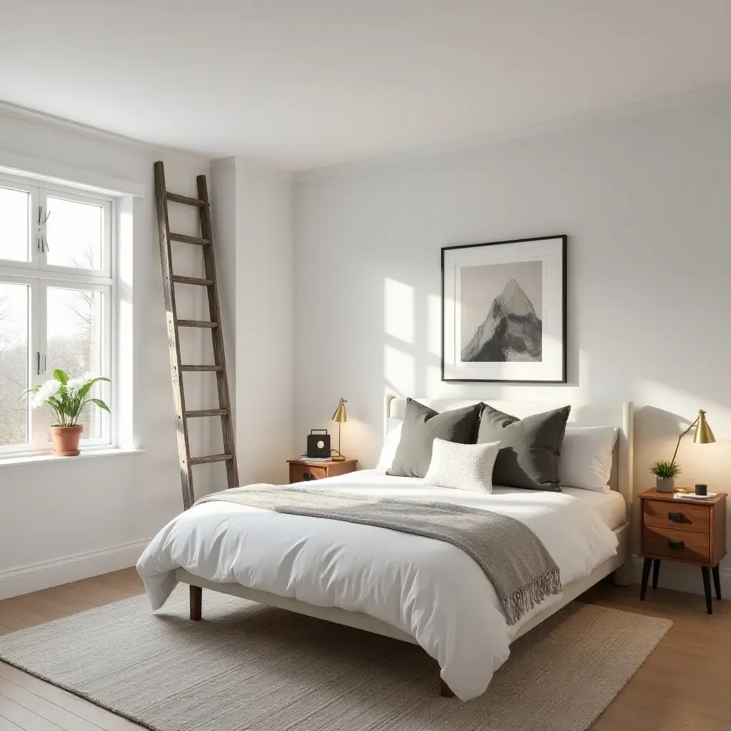 a photo of a chic bedroom with a vintage ladder used as decor in a modern space