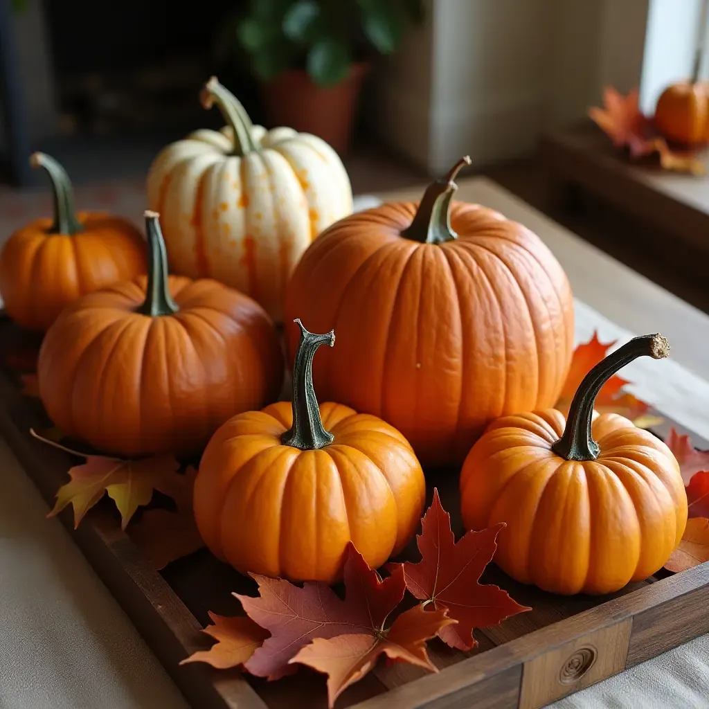 a photo of a seasonal coffee table arrangement with autumn leaves and pumpkins