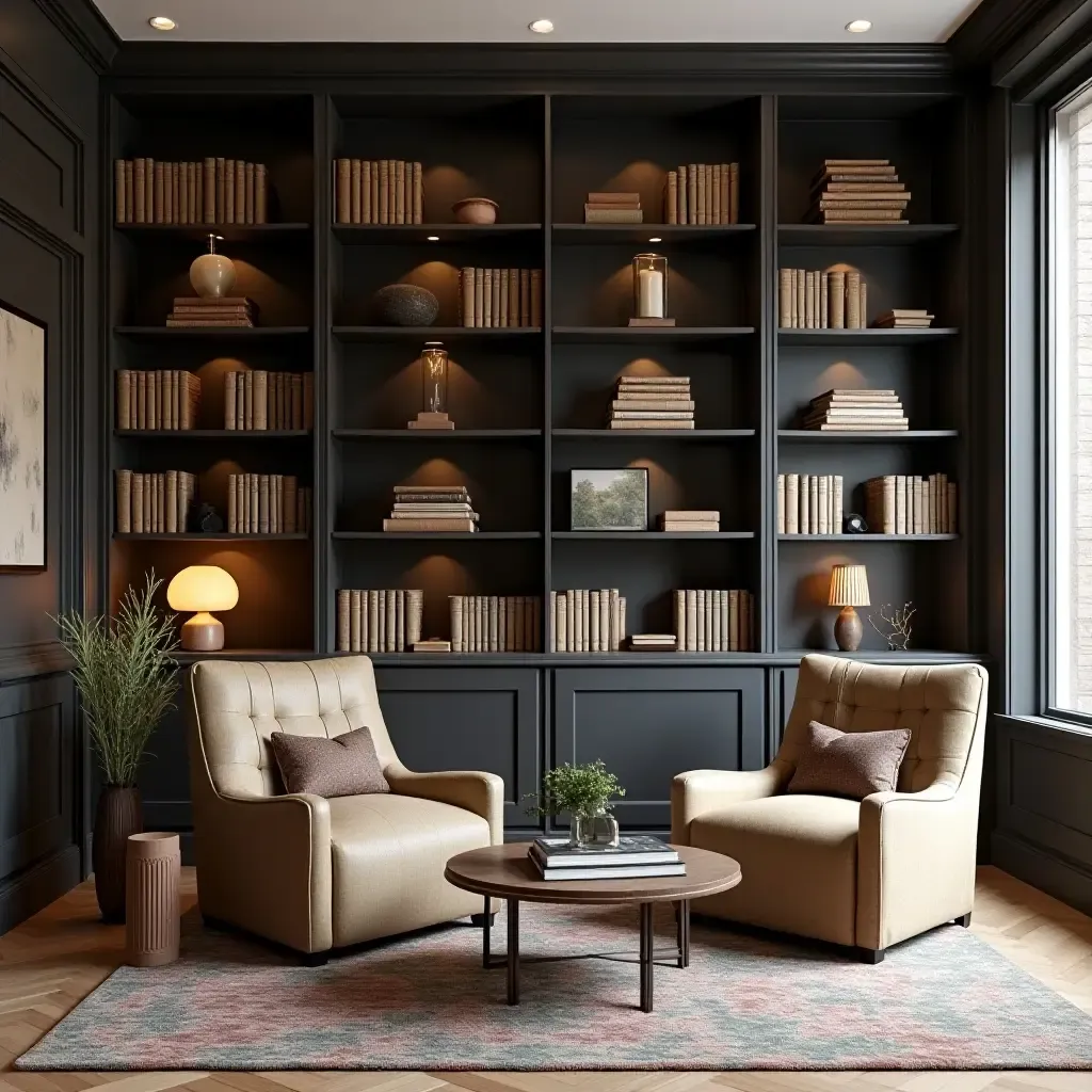 a photo of a stylish library with a blend of books and decorative items