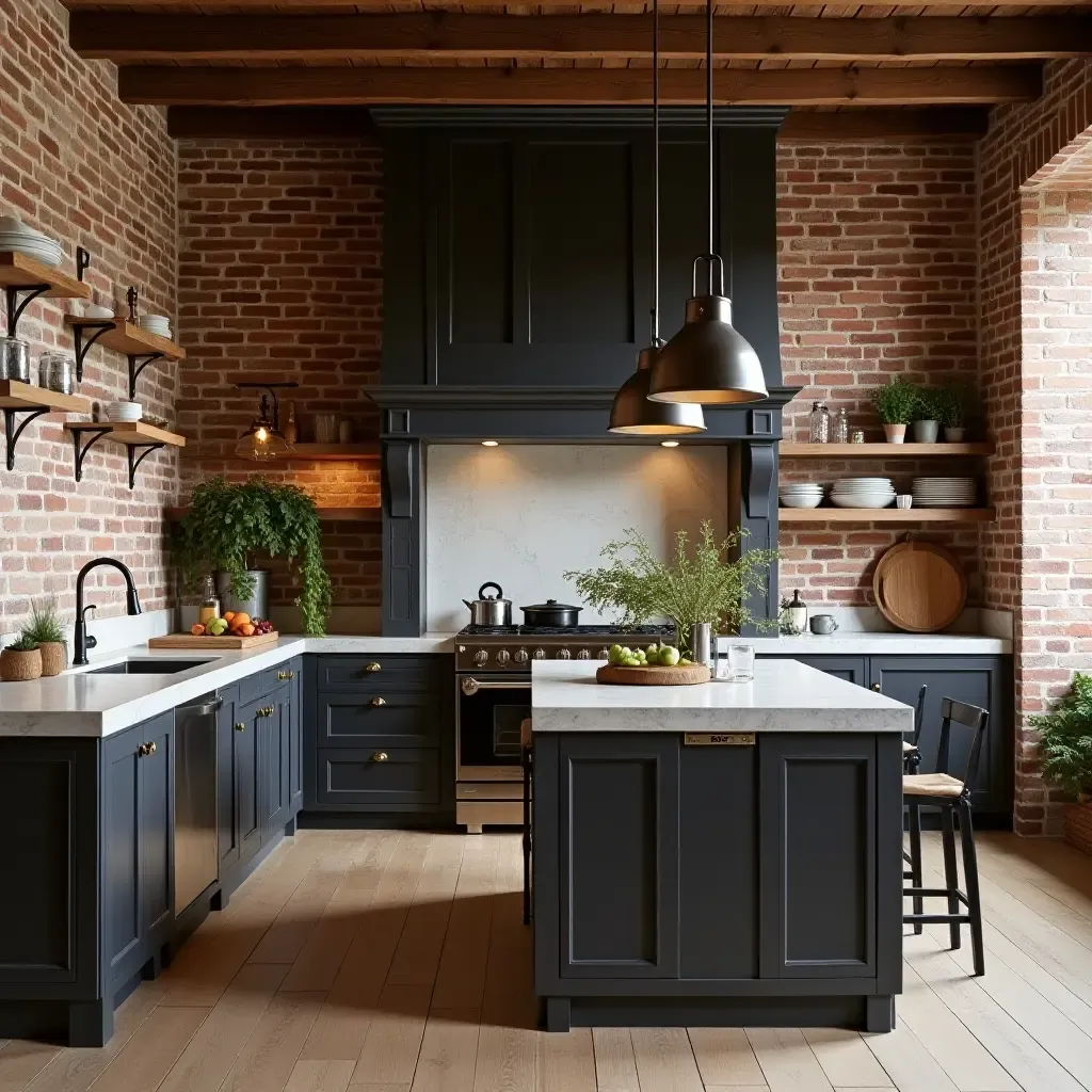 a photo of a rustic kitchen with exposed brick walls and metal accents