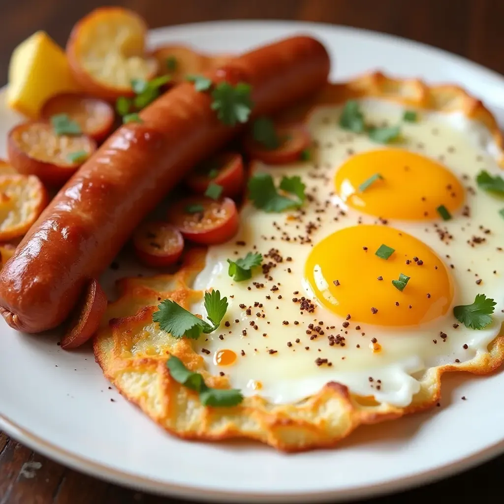 a photo of a plate of huevos rotos with fried eggs, crispy potatoes, and chorizo.