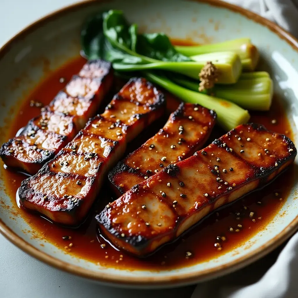 a photo of Korean BBQ with a creamy miso sesame marinade and roasted garlic bok choy.