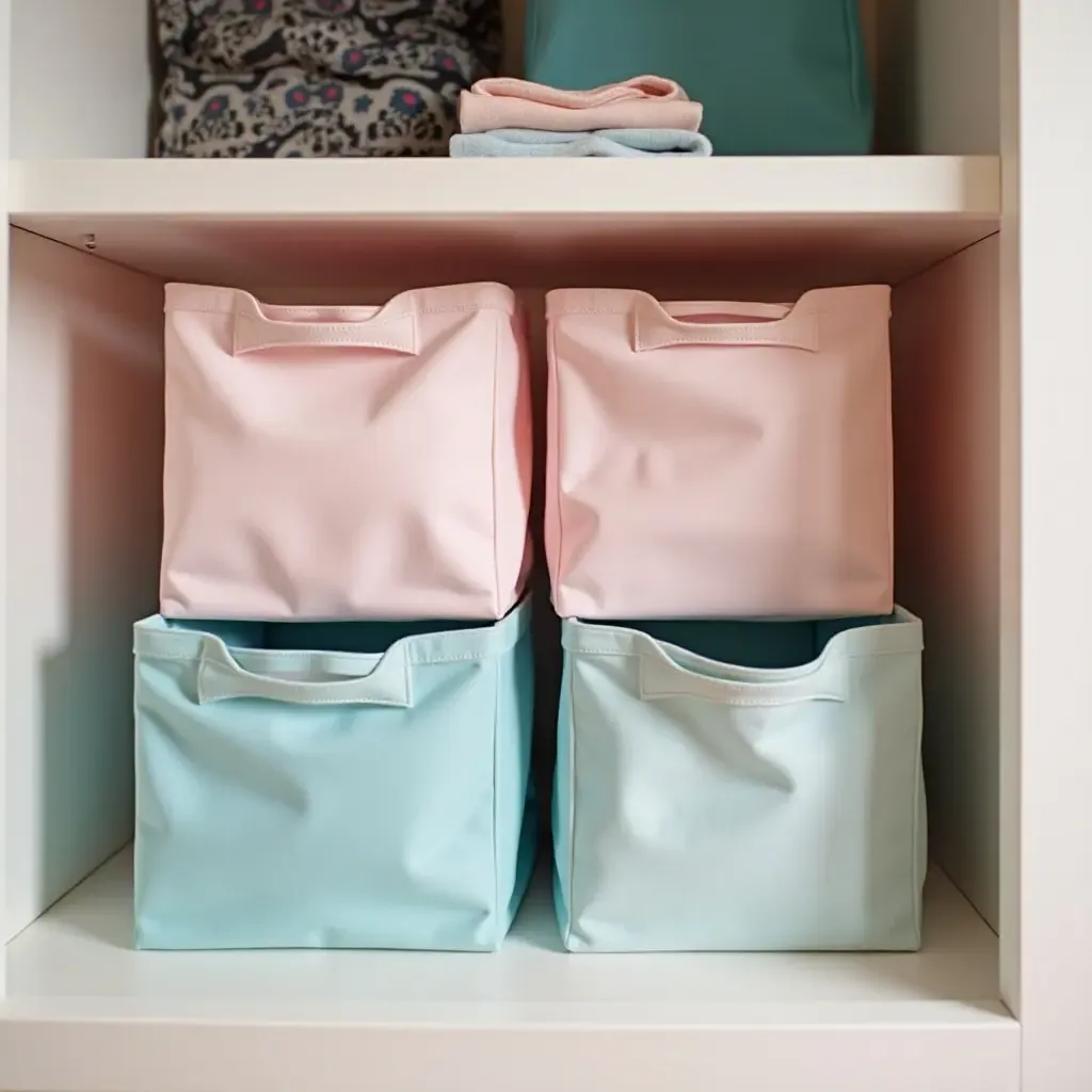 a photo of creative storage bins organized in a teen closet