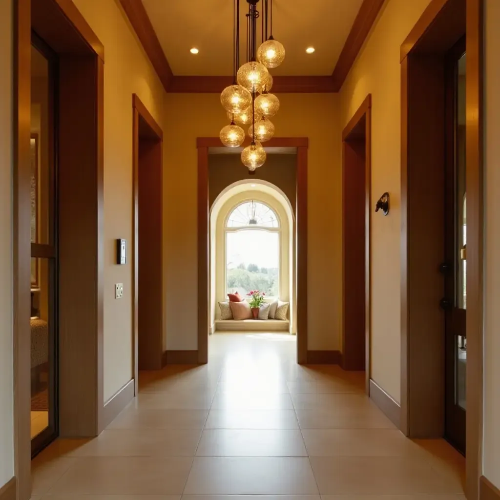 a photo of a warm-toned entrance hall with pendant lighting in clusters