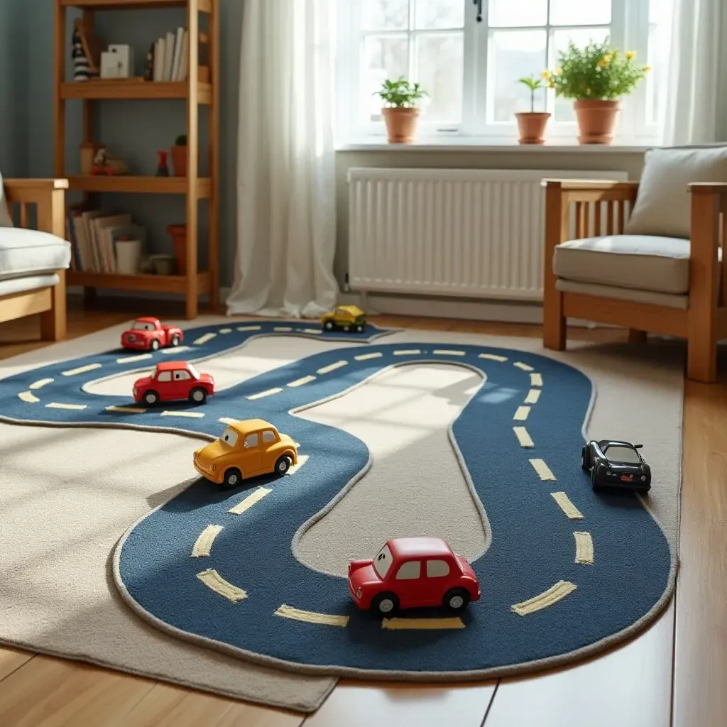 a photo of a rug with a road design for toy cars in a playroom