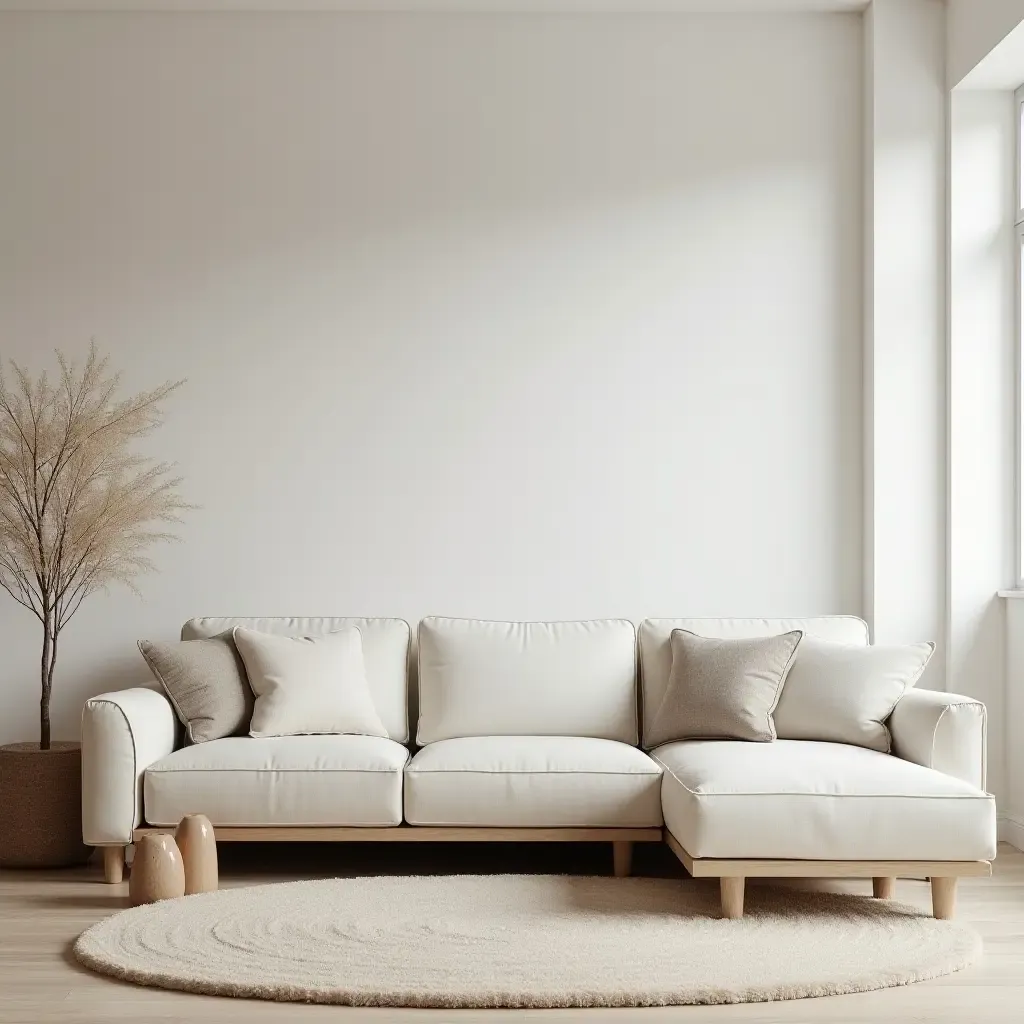 a photo of a serene living room with soft furnishings and minimalist decor elements