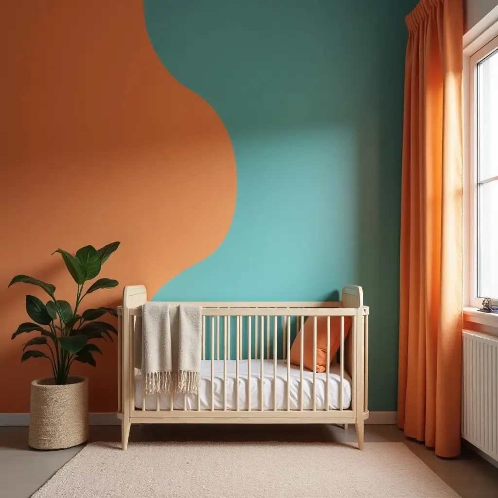 a photo of a nursery decorated in bright orange and cool teal