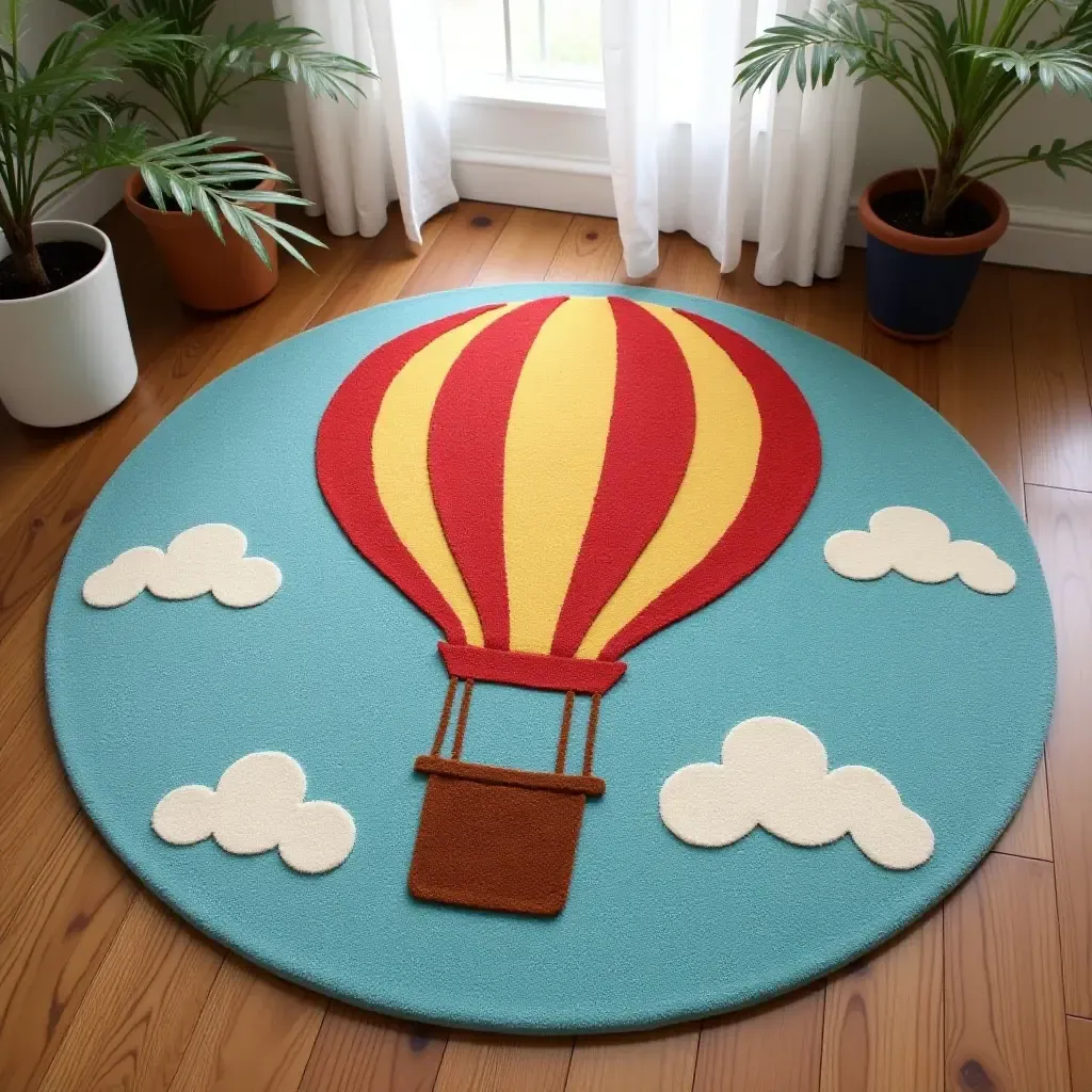 a photo of a rug with a whimsical hot air balloon design