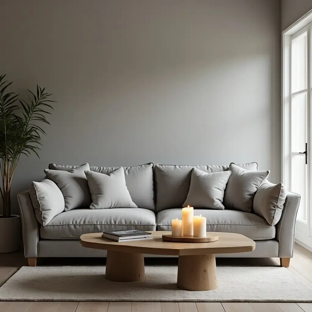 a photo of a grey sofa complemented by a rustic wooden coffee table and candles