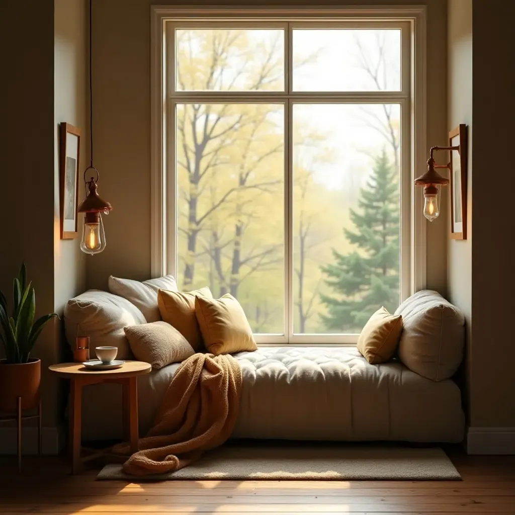 a photo of a cozy reading spot with a large window and natural light