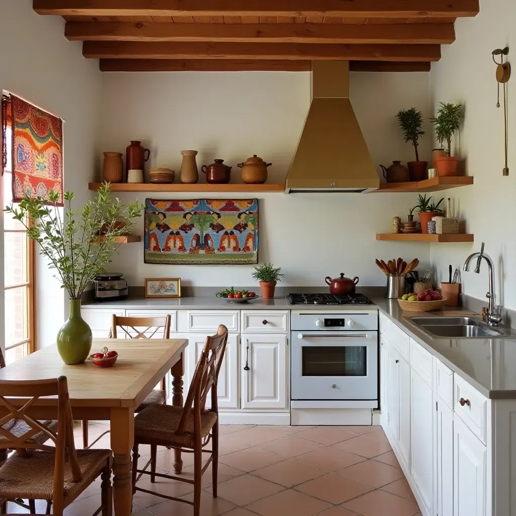 a photo of a kitchen adorned with colorful Mediterranean textiles