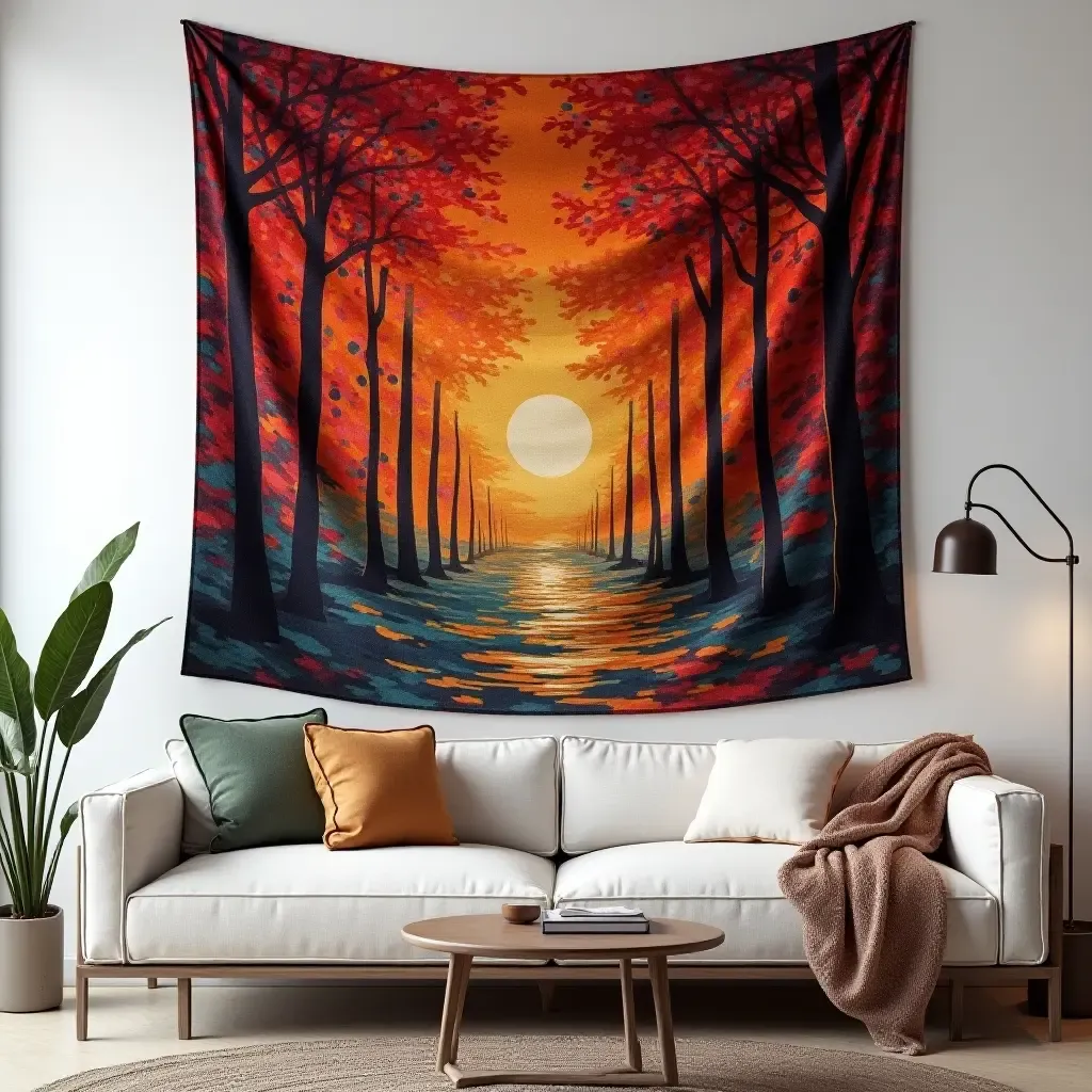 a photo of a vibrant tapestry hanging above a sofa