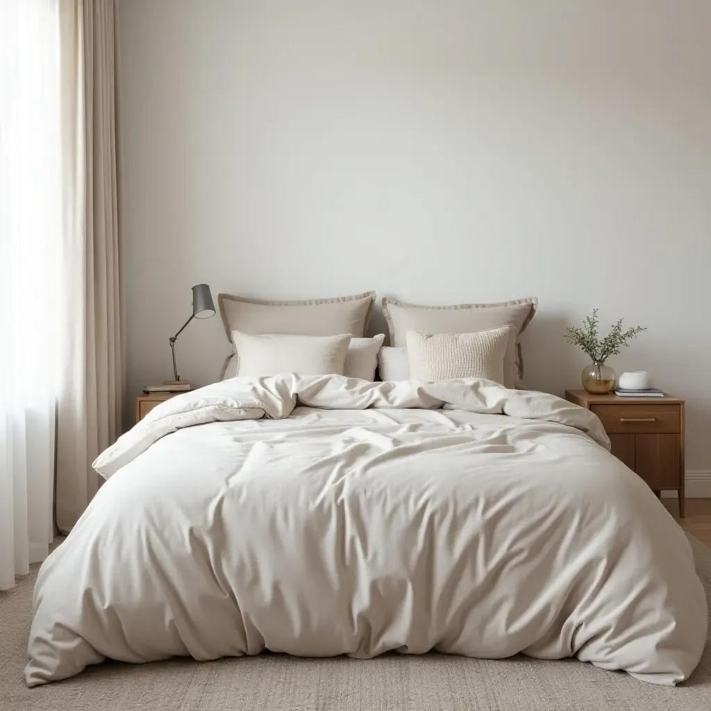 a photo of a cozy minimalist bedroom with layered bedding and soft cushions