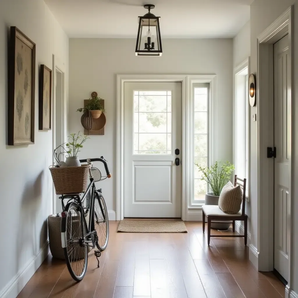 a photo of a quaint hallway with a vintage bicycle and farmhouse decor