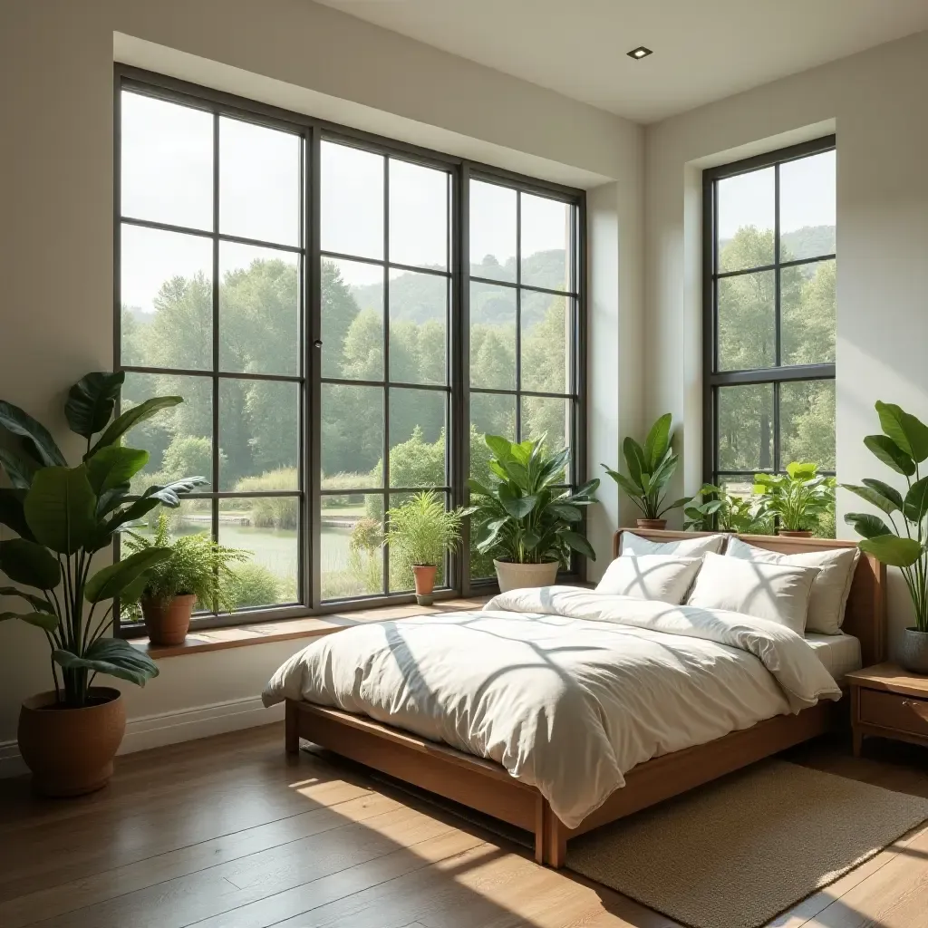 a photo of a serene bedroom with large windows and indoor plants