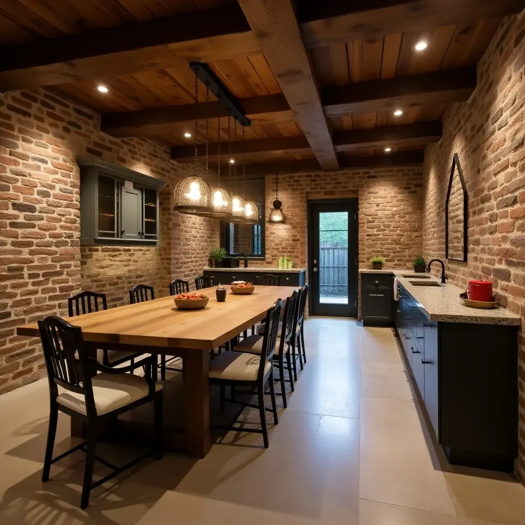 a photo of a rustic basement with industrial pendant lighting