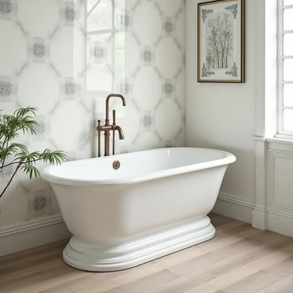 a photo of a bathroom featuring under-tub storage solutions