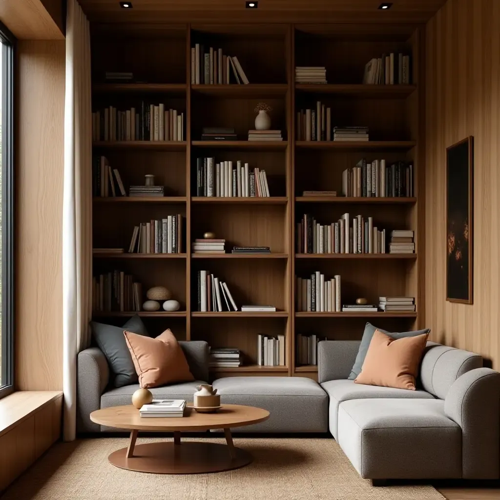 a photo of an inviting library corner with layered textures of wood and fabric