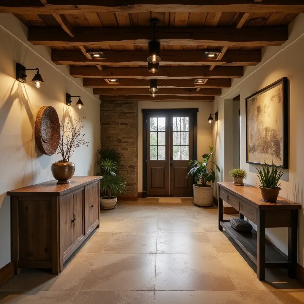 a photo of a vintage farmhouse-style basement with reclaimed wood accents