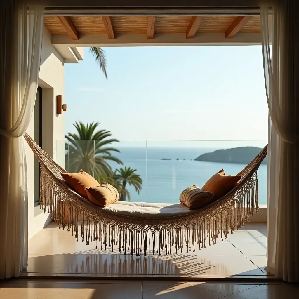 a photo of a luxurious balcony featuring a cozy hammock and decorative pillows