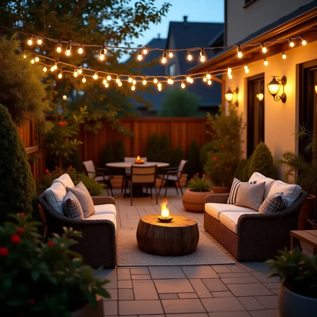 a photo of a cozy outdoor patio with string lights and comfortable seating