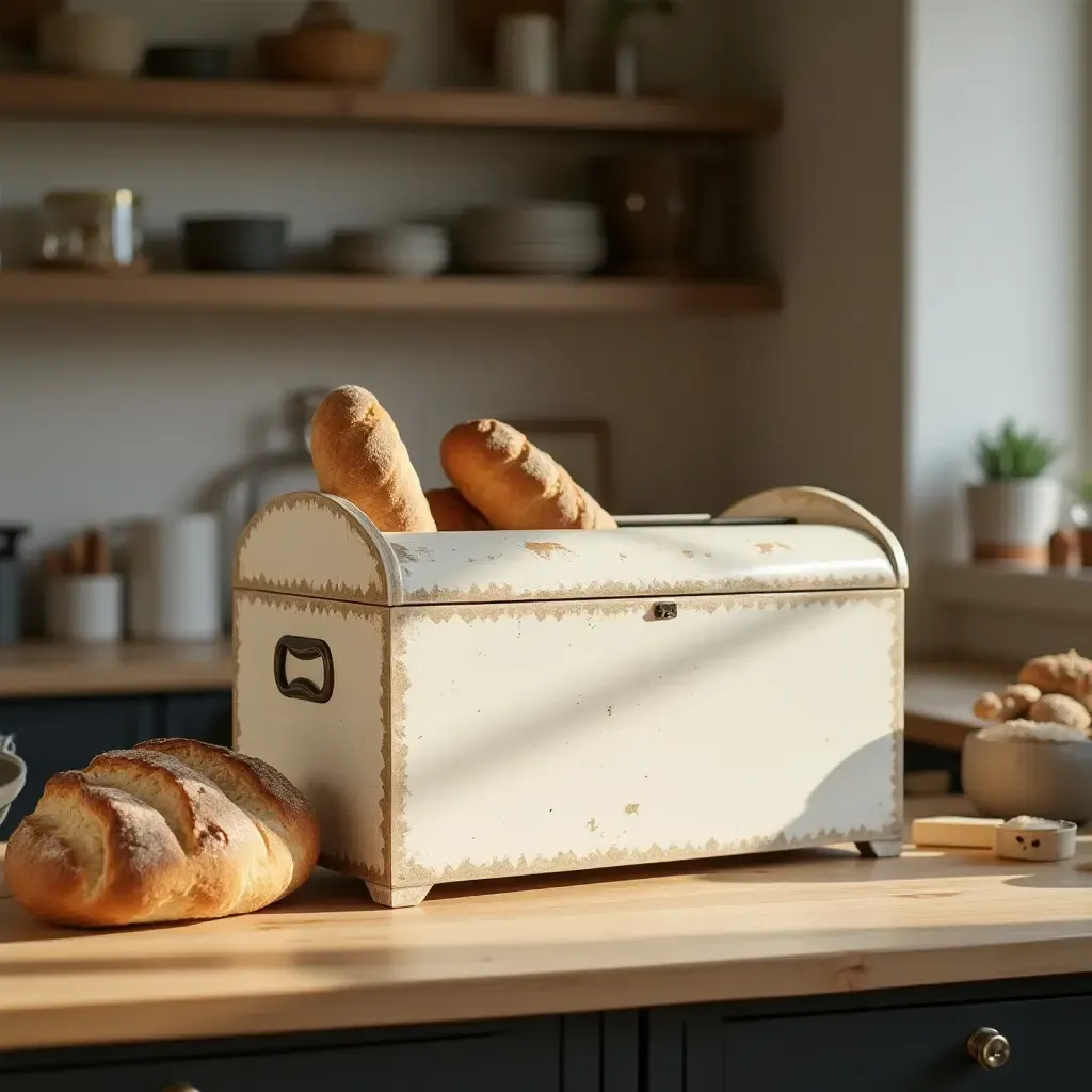 a photo of a kitchen with a vintage bread box and fresh loaves