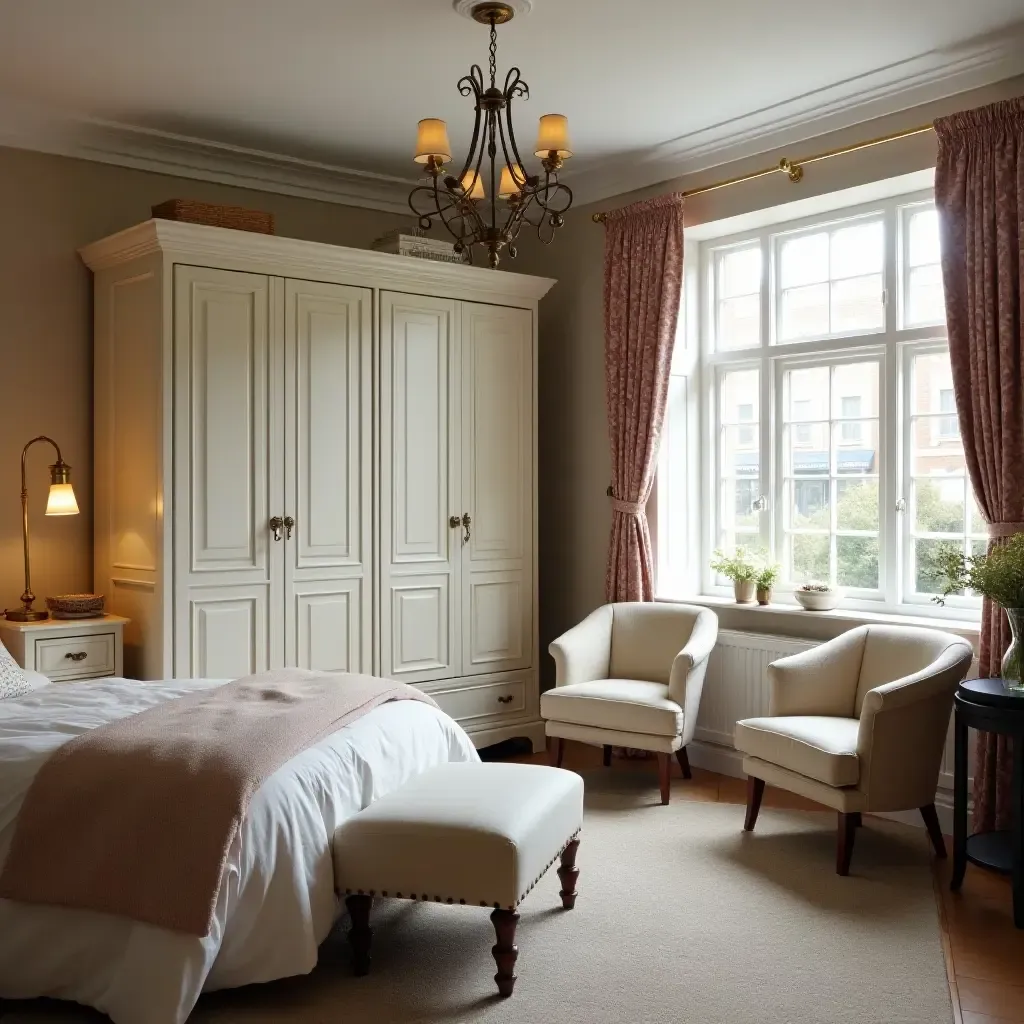 a photo of a stylish bedroom with a vintage wardrobe and patterned curtains