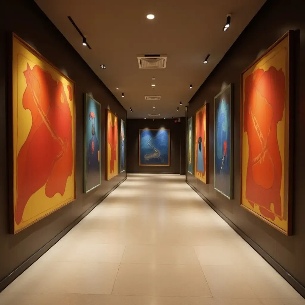 a photo of a modern corridor featuring bold art and streamlined design