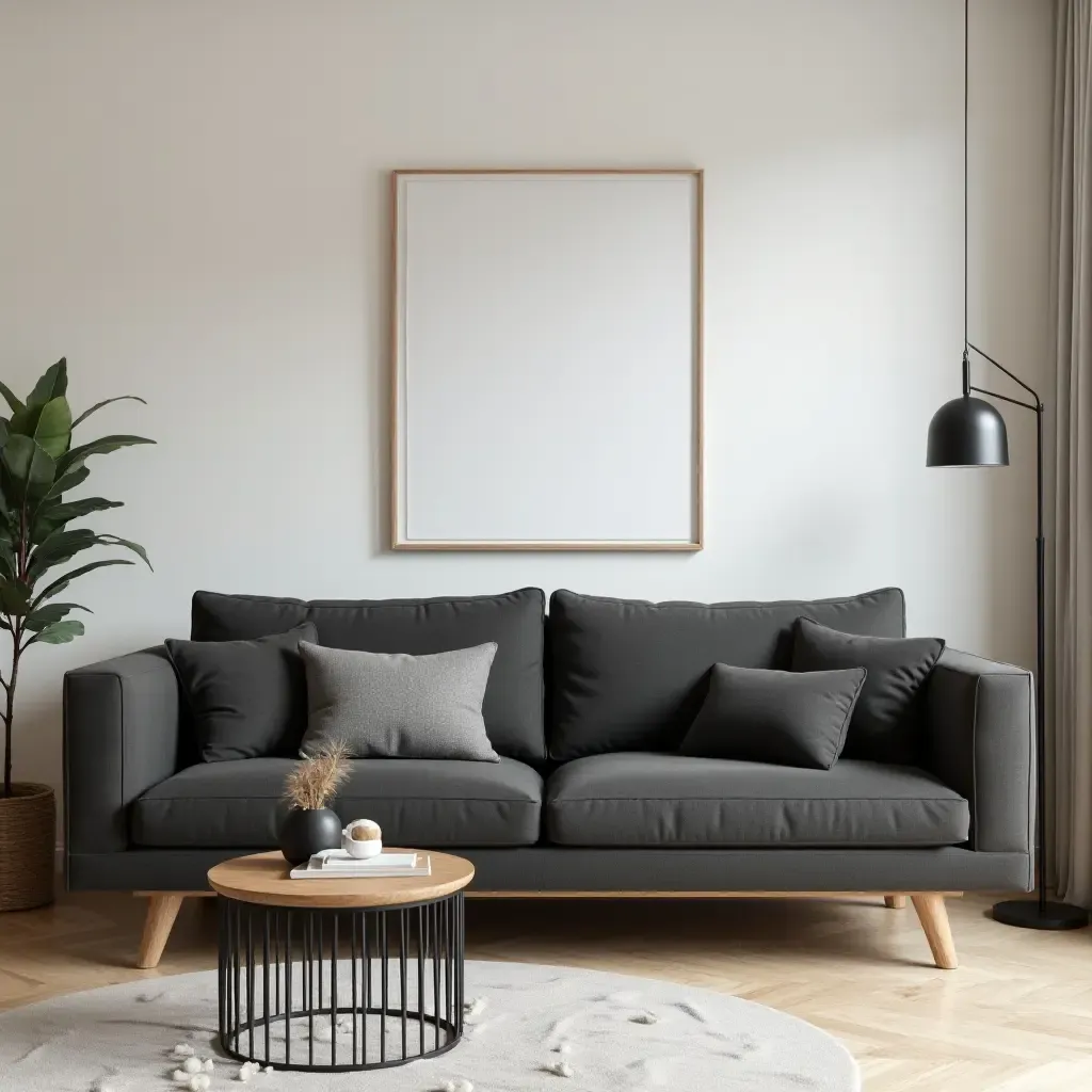 a photo of a dark grey couch in a Scandinavian-inspired living room with light wood accents