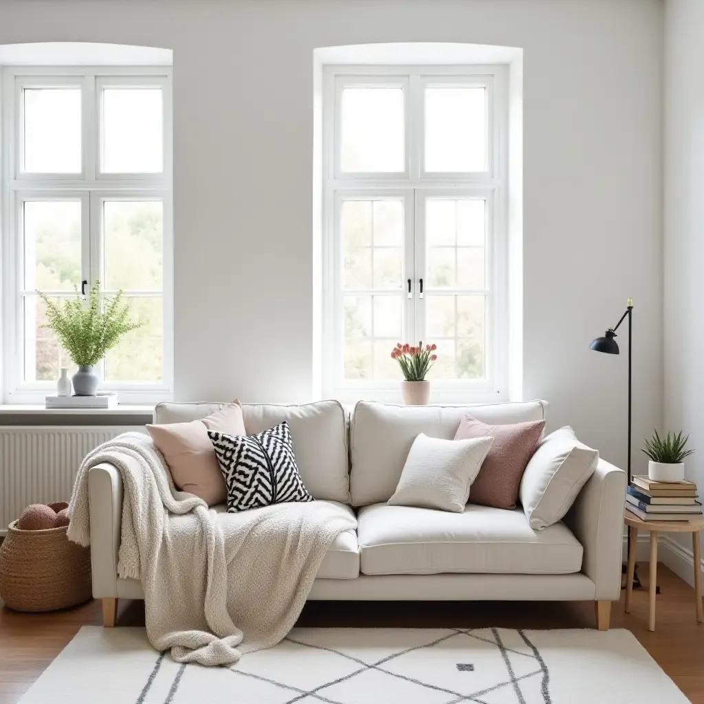 a photo of a bright Scandinavian living room with a cozy throw blanket and decorative pillows