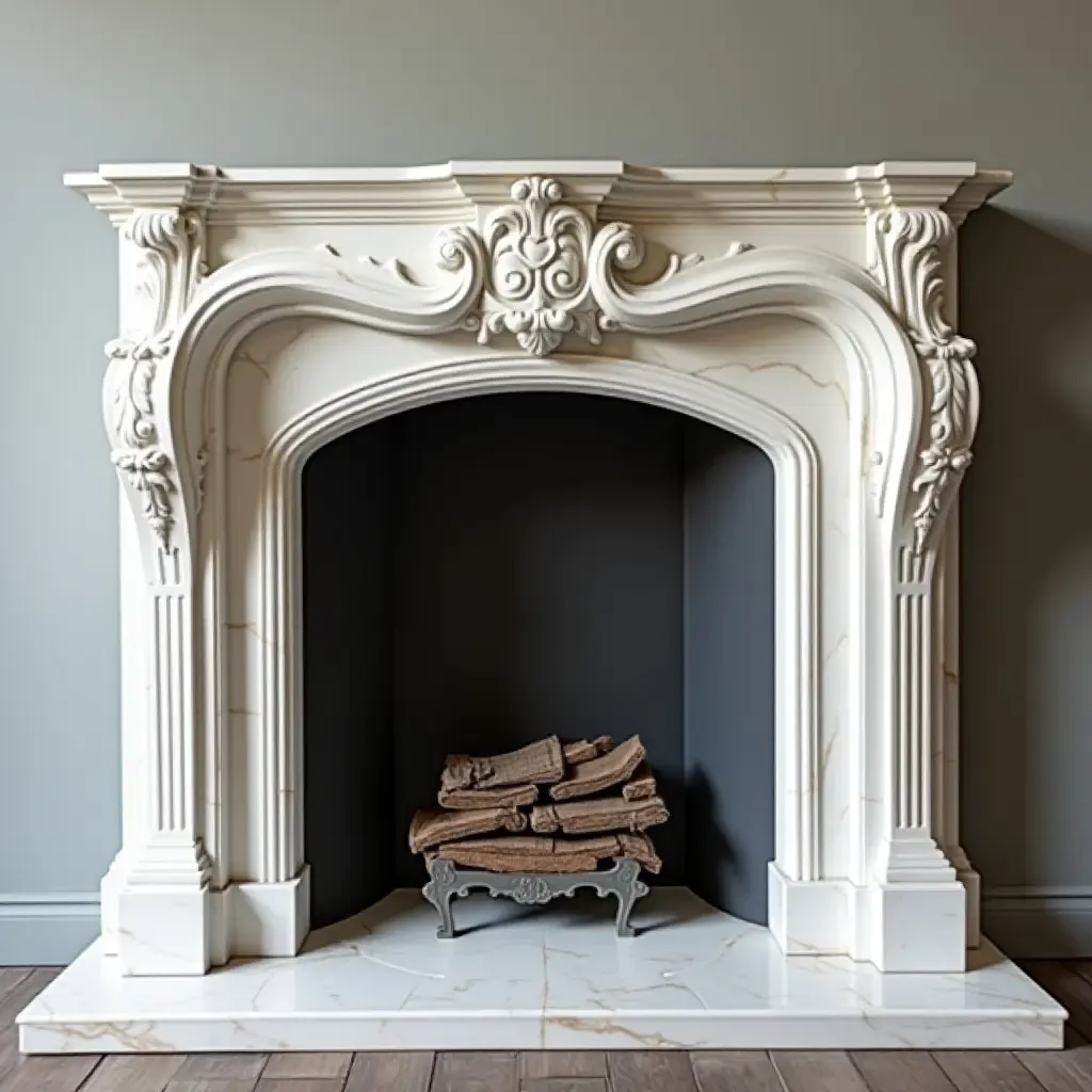 a photo of a marble fireplace surround with elegant detailing