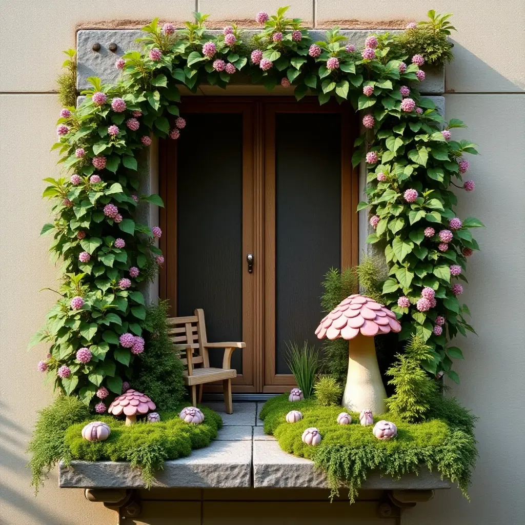 a photo of a balcony wall featuring a whimsical fairy garden