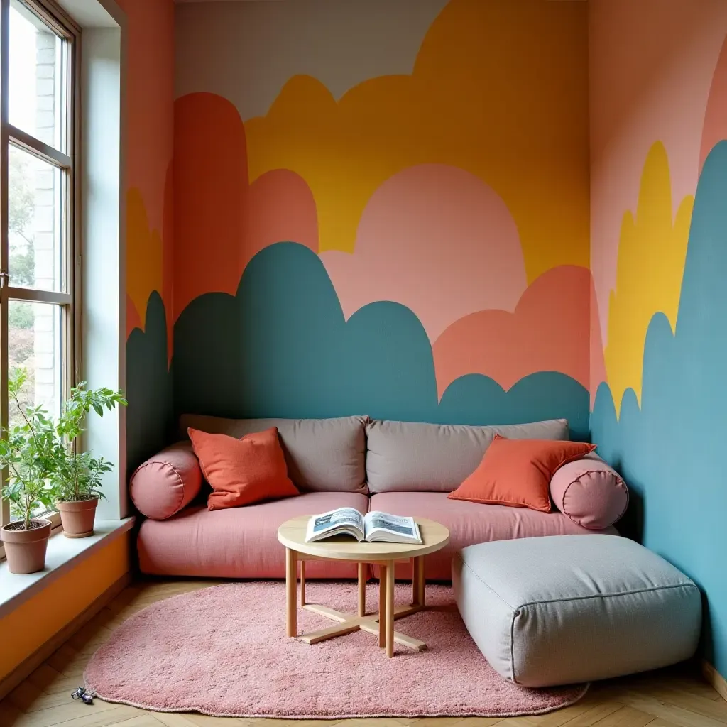 a photo of a reading nook with a colorful mural and comfy floor cushions