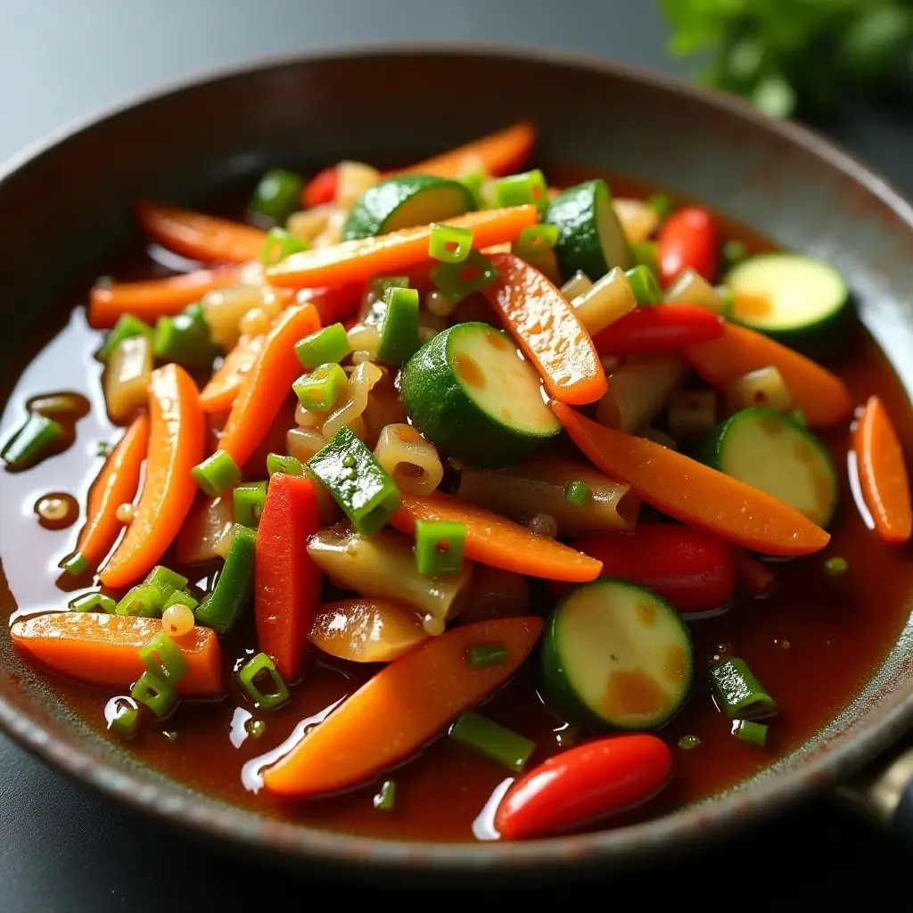 a photo of a stir-fry dish with umami-infused soy sauce and colorful vegetables.