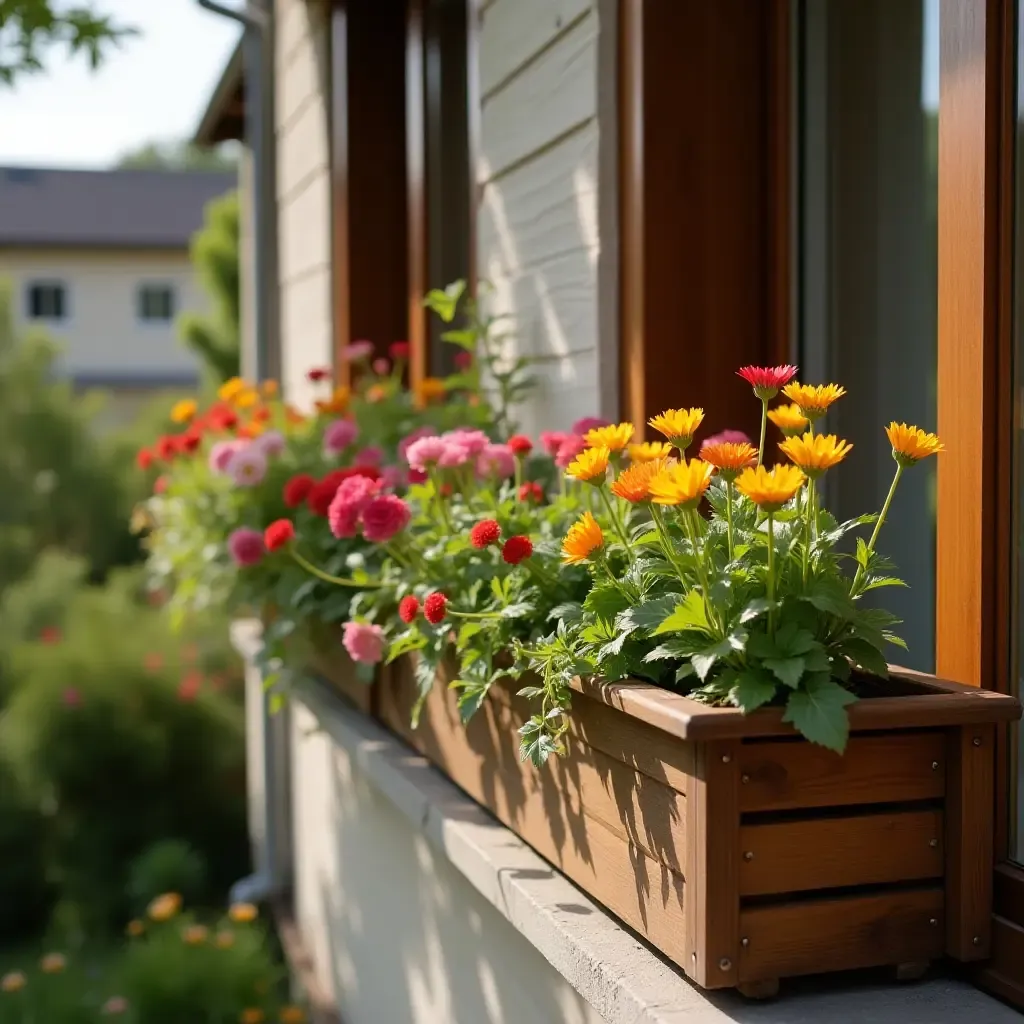 a photo of a balcony with wooden planters filled with flowers