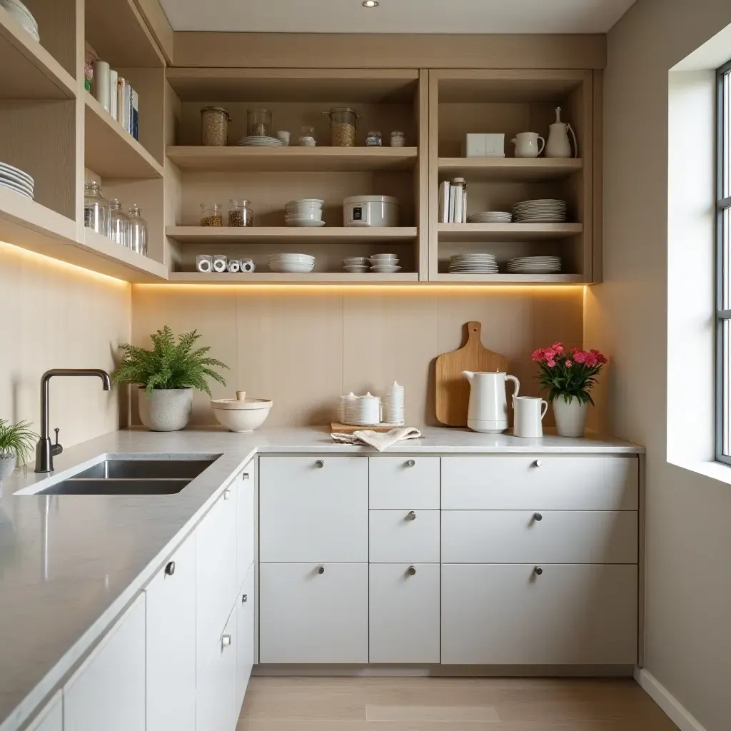 a photo of a pantry with a sleek countertop for meal prep and storage