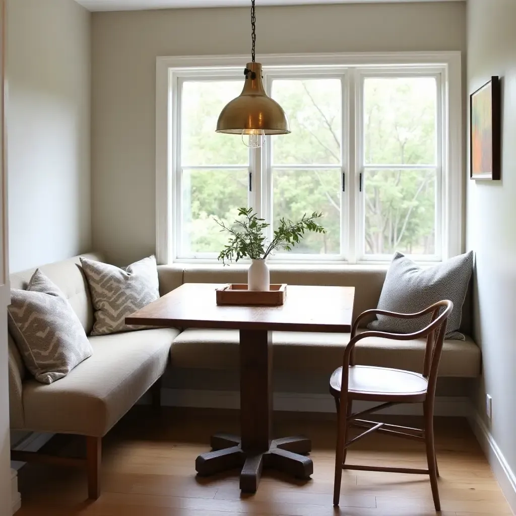 a photo of a breakfast nook with a rustic table and vintage-inspired chairs