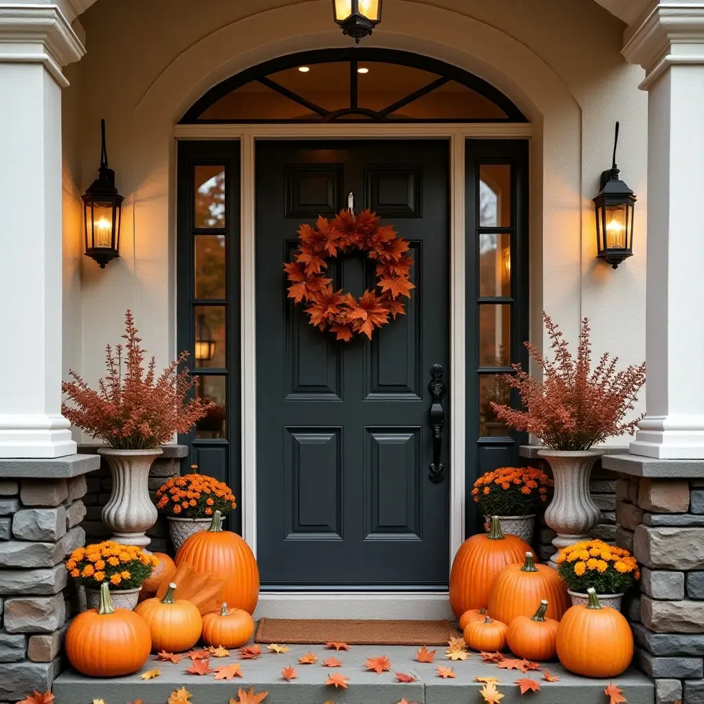 a photo of a balcony showcasing seasonal decor with autumn leaves and pumpkins