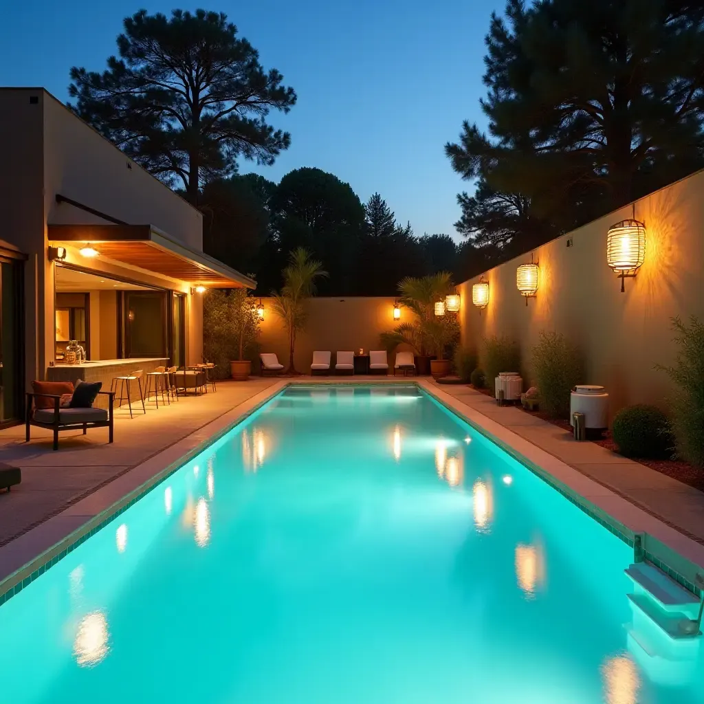 a photo of a family-friendly pool area with playful pendant lighting